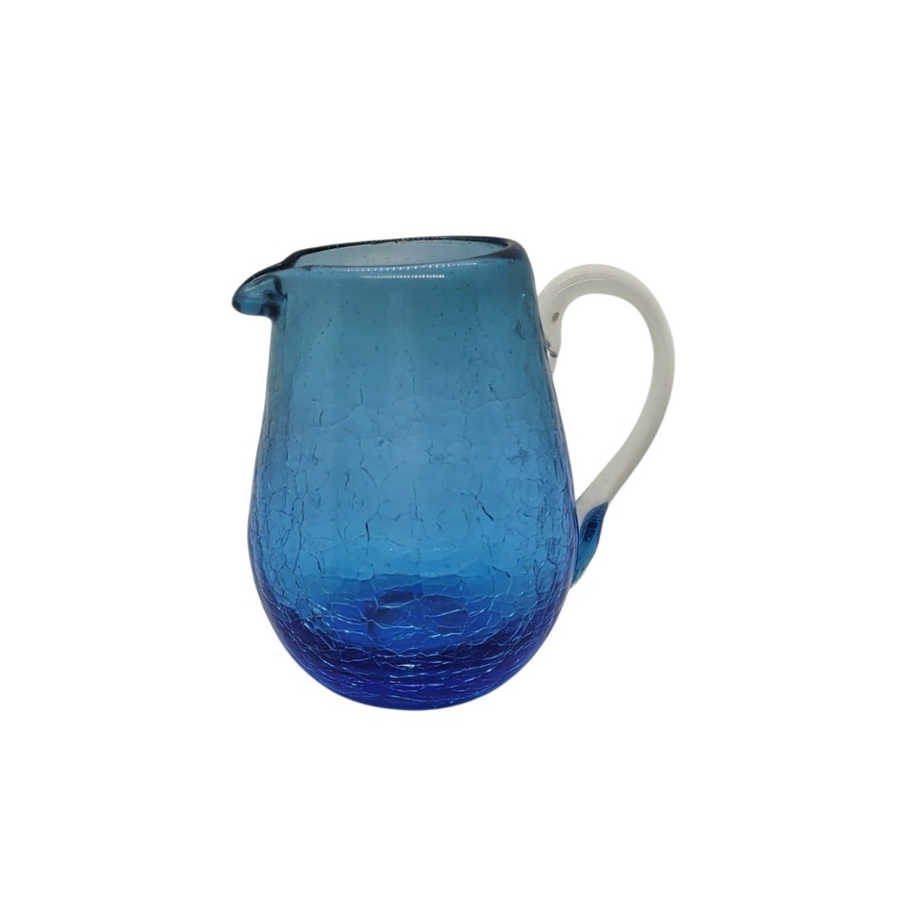 Vintage Blue Crackle Glass Pitcher Small Handblown Creamer with Clear Handle 4"